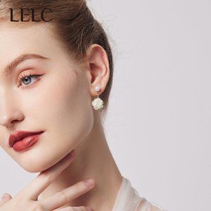 LELC White Camellia Pearl Stud Earrings